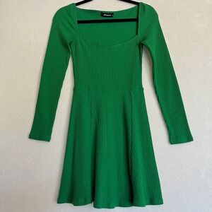 Olivaceous Green Ribbed Long Sleeve Square Neck Fit & Flare Mini Dress Holiday M